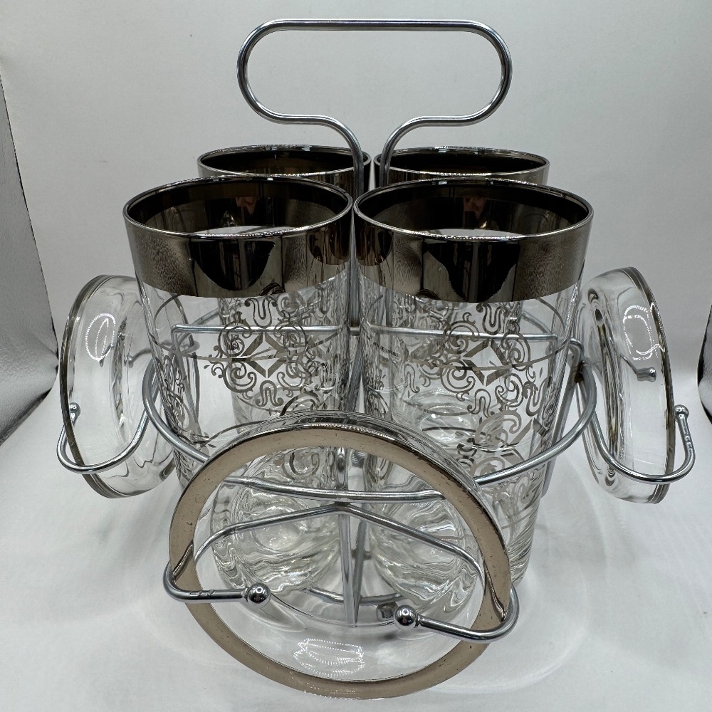 Vintage Kimiko Highball Tumblers and Glass Coaster set in Chrome Carrier. EUC